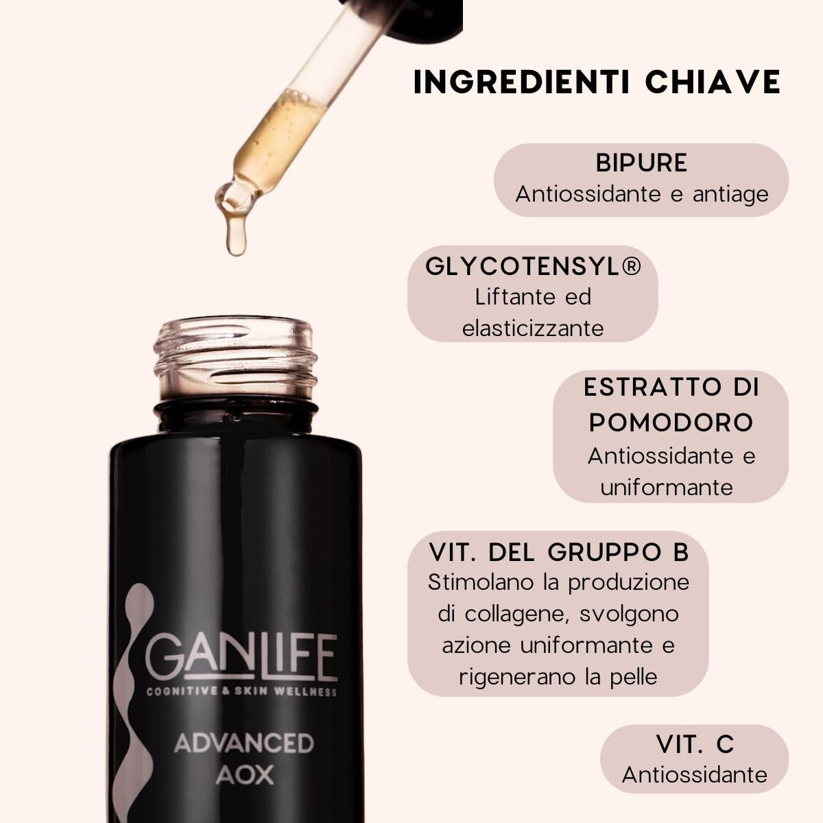 GANLIFE Advanced Aox Suero Facial Cuello Lifting Multivitamínico con Antioxidantes, Acción Antiedad, Reafirmante, Tonificante, Iluminador, con Vit. B, Vit. C, Ácido Hialurónico, 30 ml