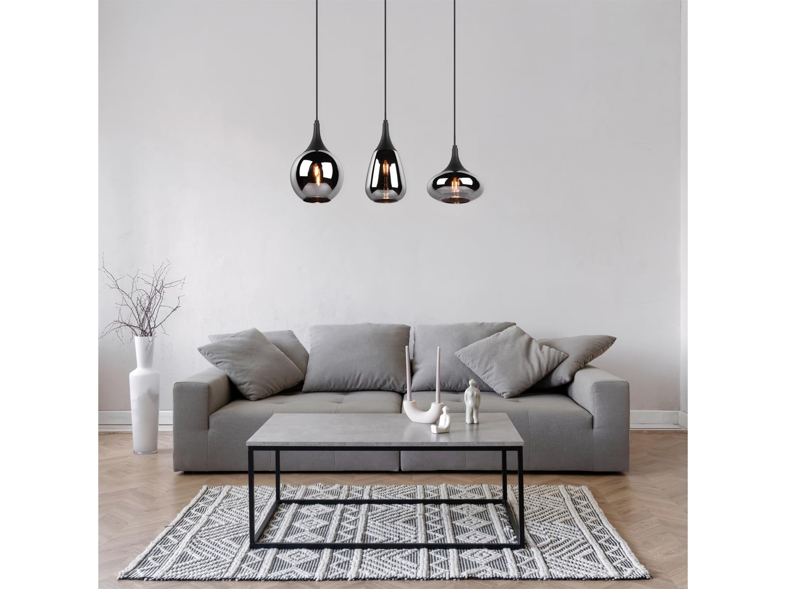 meineWunschleuchte Lampada a sospensione a LED a 3 luci, in vetro cromato, a specchio, effetto vetro fumé