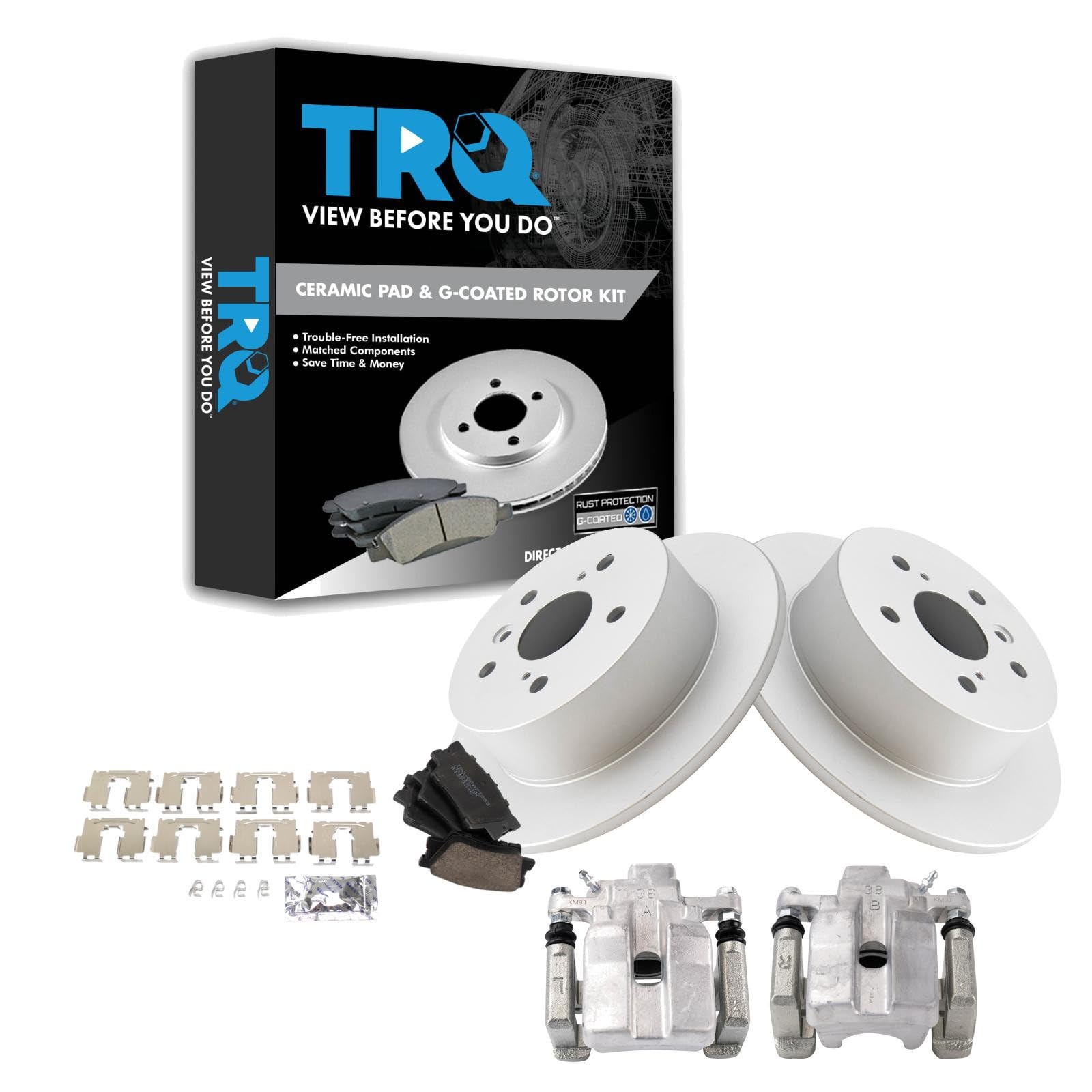 TRQ Rear Brake Pad and Rotor Set Ceramic Solid Rotors Calipers