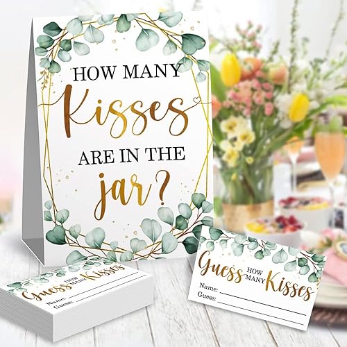 Miniatura 2 de How Many Kisses - Kit de tarjetas de juego de despedida de soltera (1 letrero de pie + 50 tarjetas de adivinanzas), hoja de eucalipto en forma de