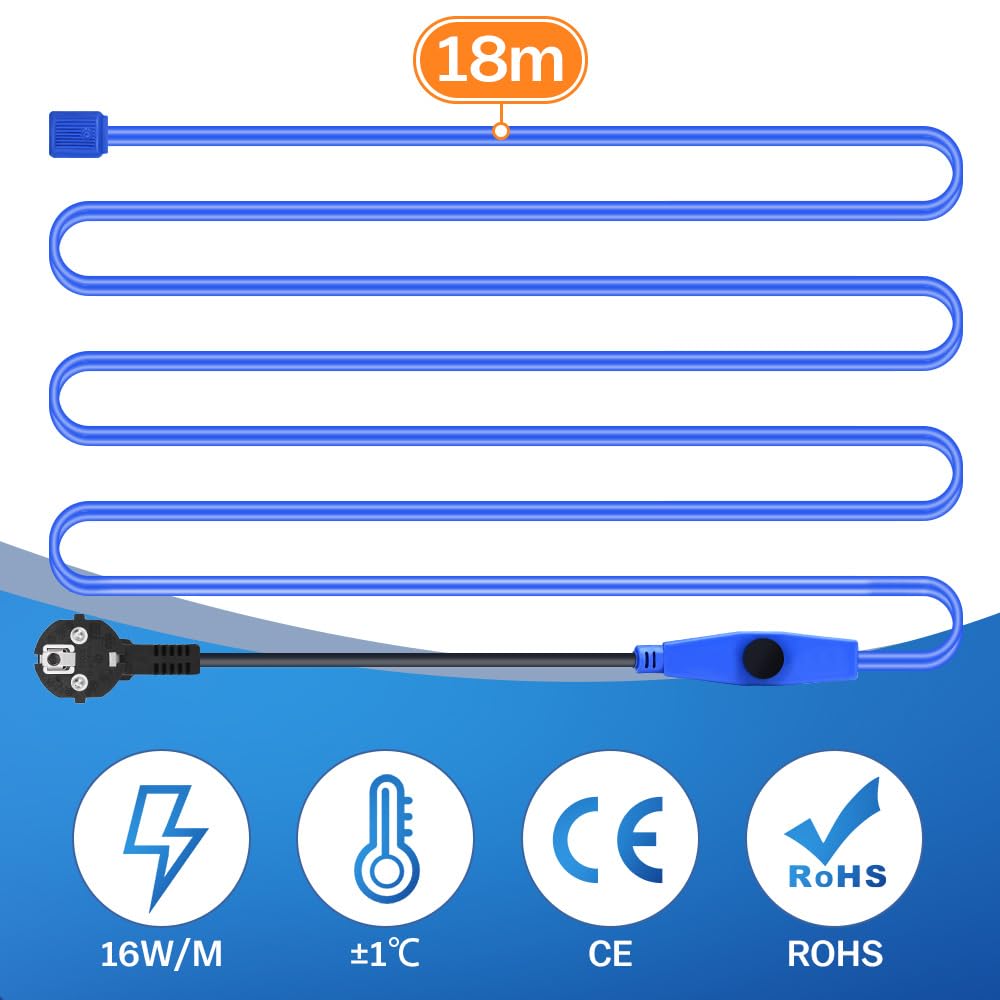 Cable calefactor antiheladas de 18 m con termostato e indicador de temperatura, 230 V, 16 W/M para tuberías de agua, resistente al agua, cable calefactor para tuberías