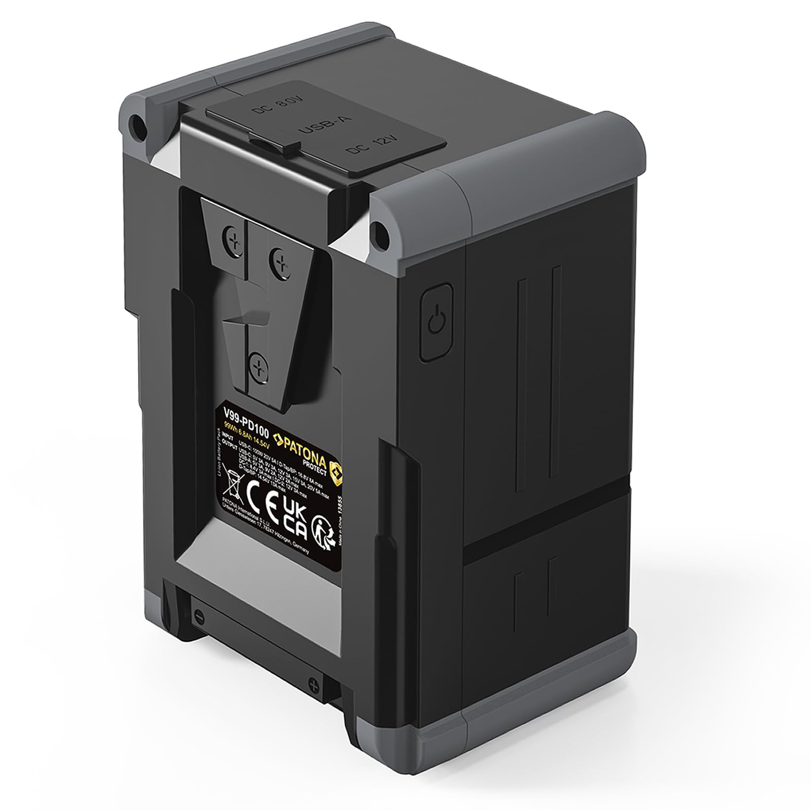 PATONA V99 Protect Batería V-Mount 99Wh PD100W USB-C D-Tap USB-A, 2X DC-out | Batería de vídeo 6800mAh para videocámaras cámaras DSLR, monitores, pantalla OLED, LG celdas, carcasa antigolpes ignífuga
