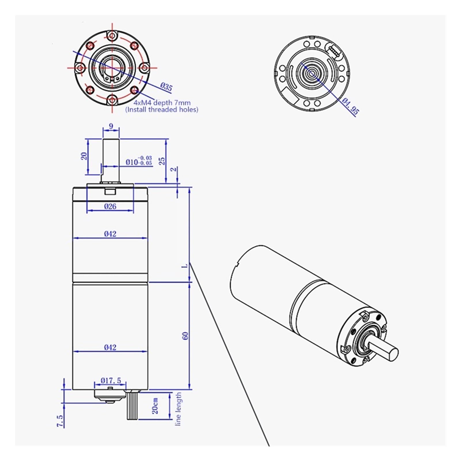 Mini silnik prądu stałego, Bezszczotkowy silnik redukcyjny z przekładnią planetarną DC 155kgf.cm 7-1351 obr./min 12 V 24 Czarny 42GP-4260(185RPM,12V)