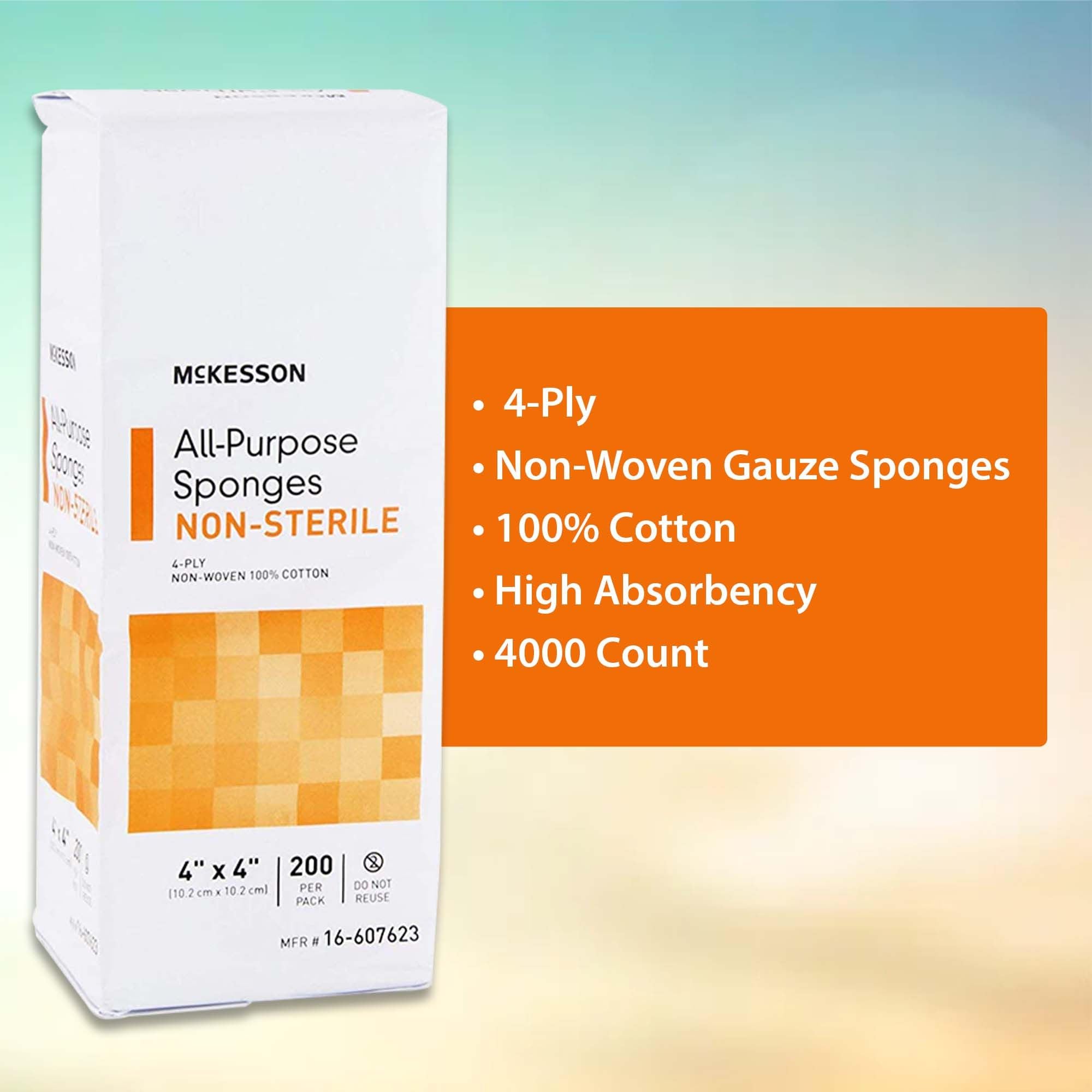 McKesson Esponjas multiusos, no estériles, 4 capas, 100% algodón, 4 x 4 pulgadas, 200 por paquete, 20 paquetes, 4000 en total