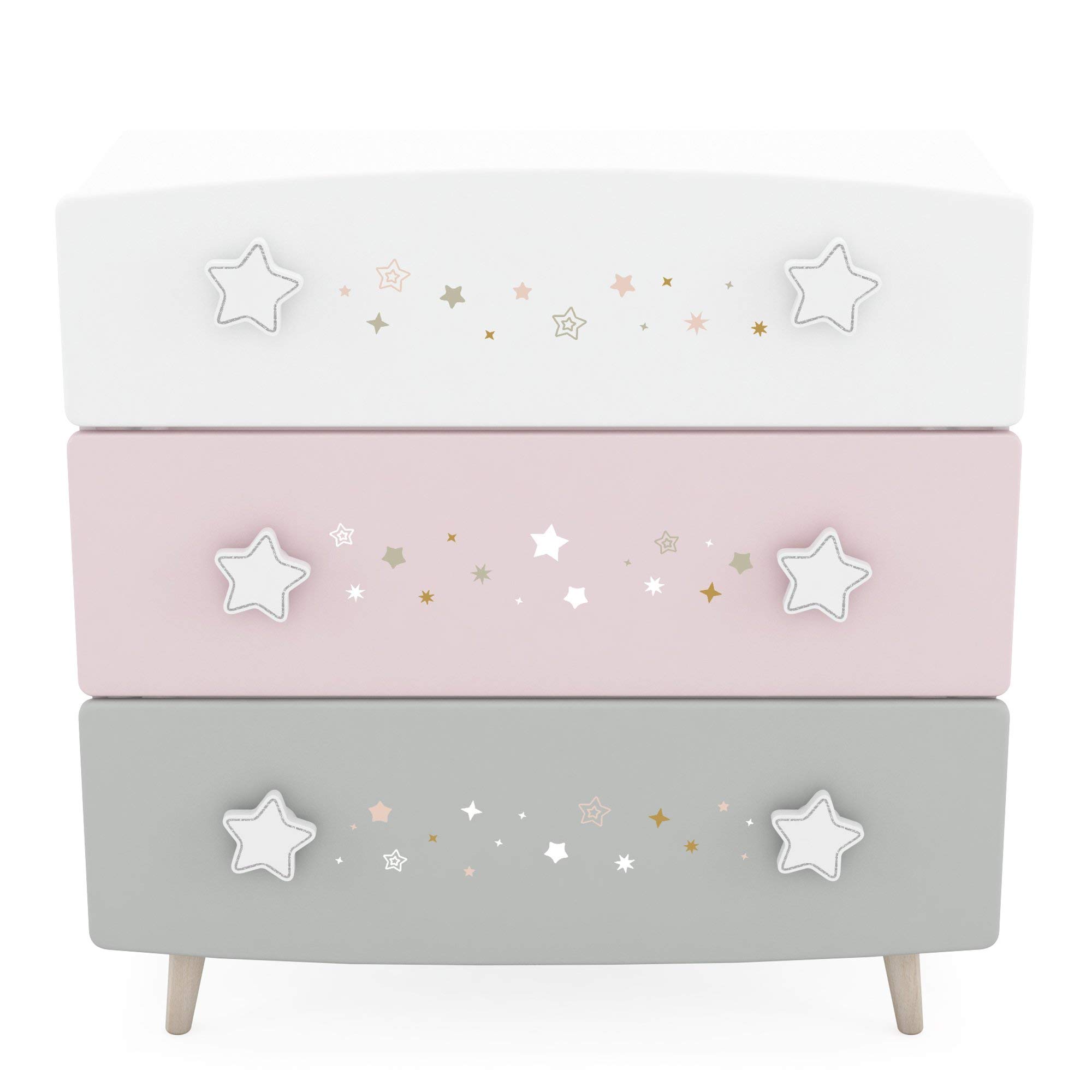 habeig Kinder Kommode Sterne Kinderzimmer Schrank Prinzessin Anrichte Schublade Tür Gross Star Himmelssterne (Rosa/Weiss/Grau # 443)