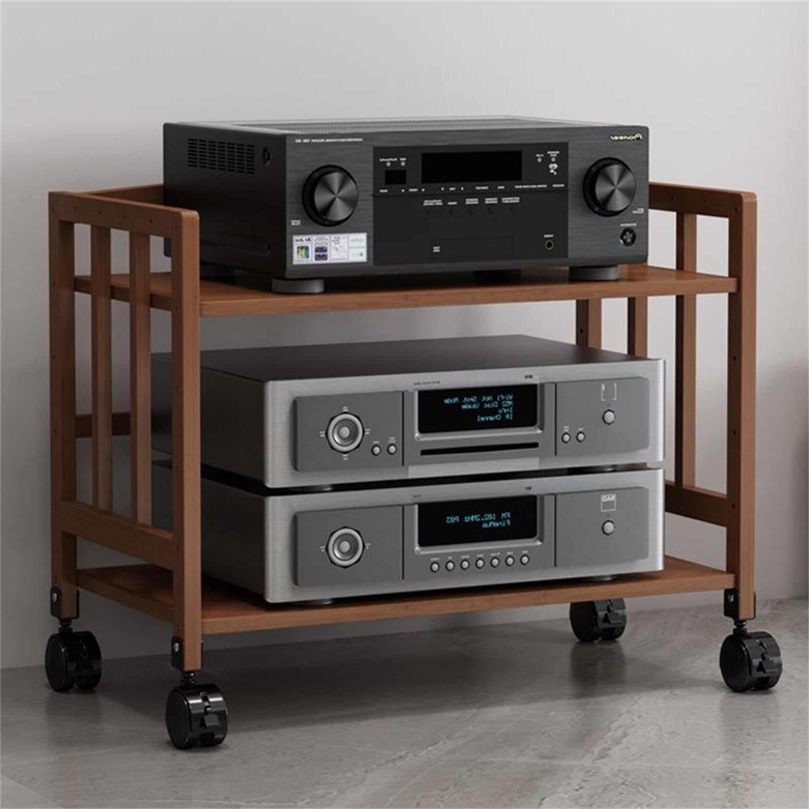 Scaffale multimediale AV a 2/3/4/5 livelli, rack audio, supporto per lettore CD, scaffale stereo domestico con ripiano regolabile in altezza e ruote per home office e home cinema (marrone, 50 x 53 cm)