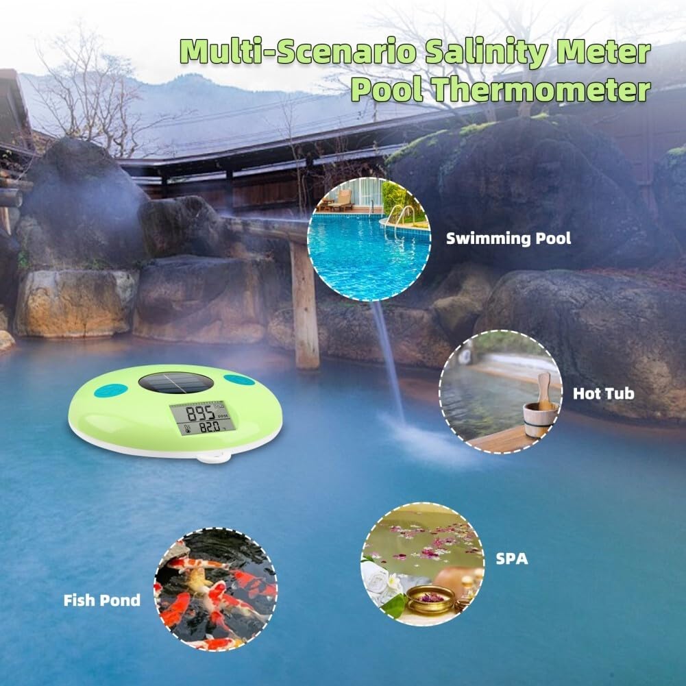 Tester solare galleggiante e termometro per piscina, misuratore di salinità digitale 0-9990 ppm, misuratore di temperatura dell'acqua 0-50 °C, visualizzazione continua senza cambio della