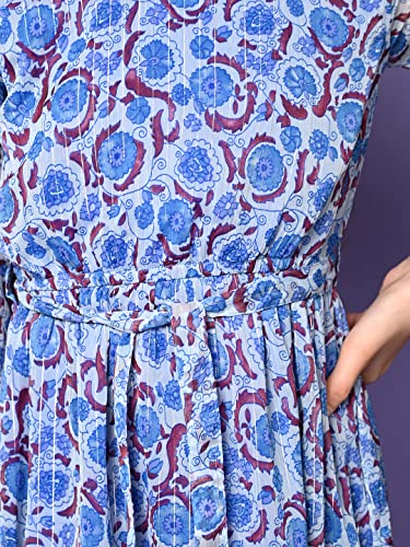 Image of LILPICKS Girls Floral Printed Cold Shoulder Fit n Flare Dress (Blue White)