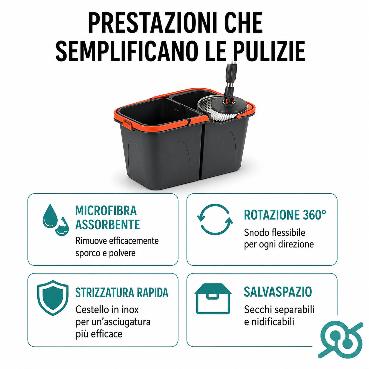 Tempo DI SALDI Juego de fregona giratoria con Doble Cubo, Cesta Inoxidable y 2 paños de Microfibra