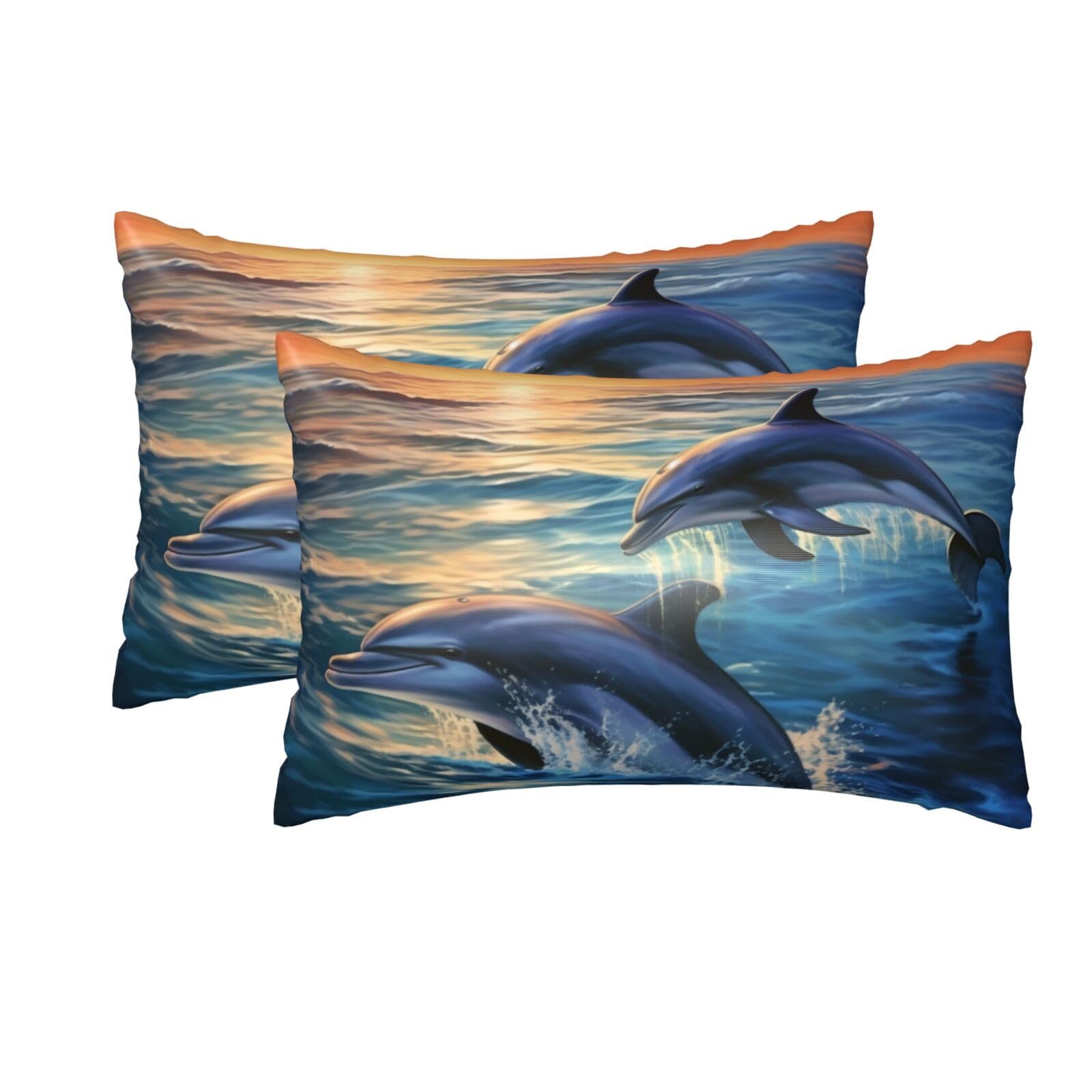 2 Pack Queen Silk Pillow Cases with Hidden Zipper, Luxury Soft Satin Pillow Covers for Hair and Skin, Dolphins in the sea Pillowcases 20"x30" Bed Pillow Protectors Cover for Sleeping Gifts