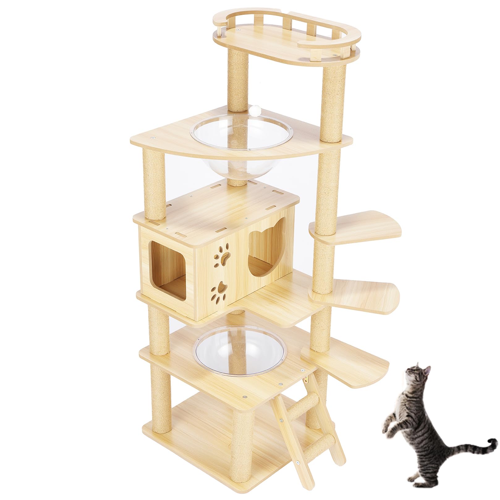 Amazon | 猫家族 キャットタワー 木製 高さ140cm スリム シニア猫 成猫 