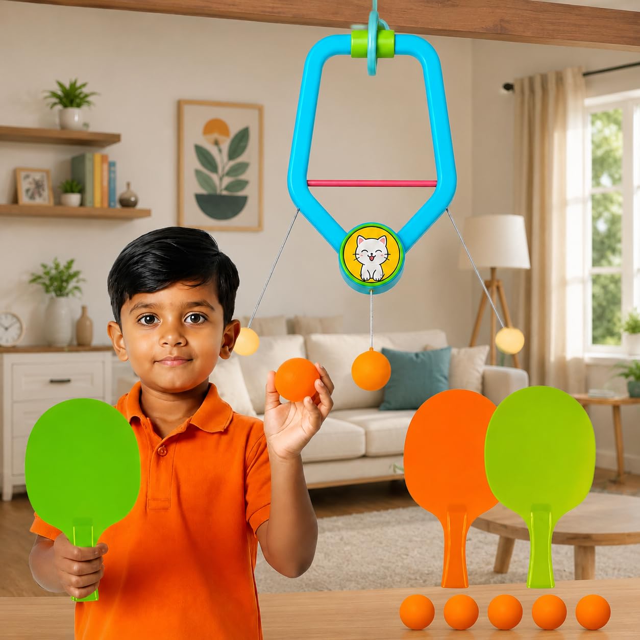 Kydzoy Toys Kids Ping Pong Practice Set | Hanging Table Tennis Trainer with Adjustable String | Indoor Ping Pong Practice Game, 2 Bats, 5 Balls | Hand Eye Coordination Indoor Sports Toy-image-48