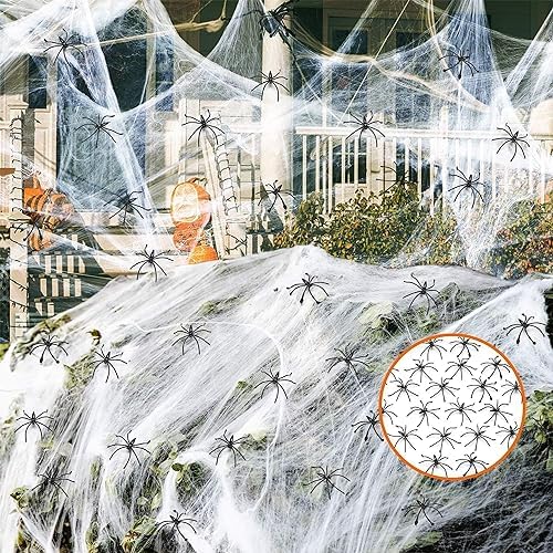 1500 sq.ft Halloween Spider Web with 60 Extra Fake Spiders, Super Stretchy Fake Spider Webs, White Spider Webbing Spooky Cobwebs Halloween Supplies for Halloween Party Decorations Bar Haunted House