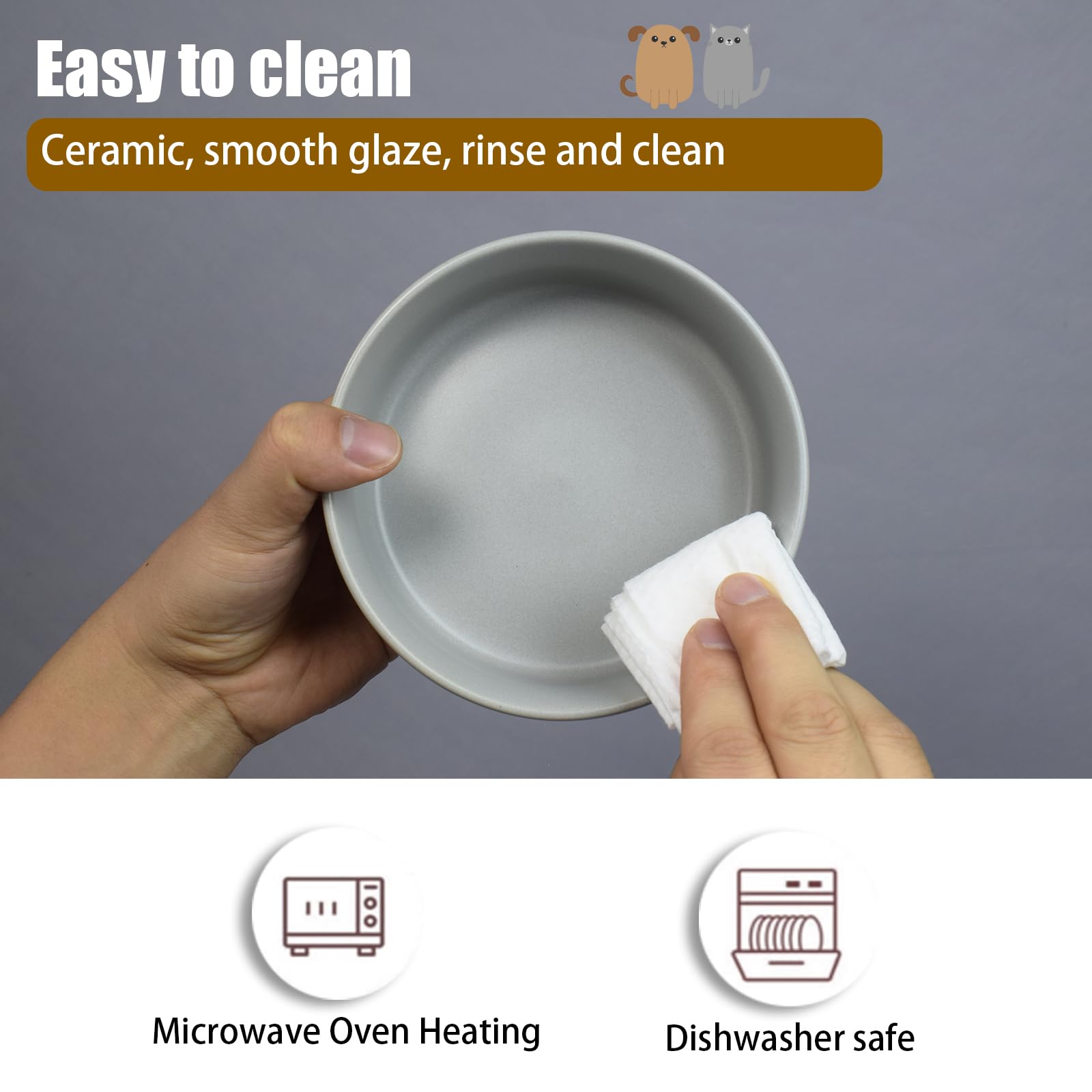 Nesirooh Ciotole per Cani Gatti Ceramica, Doppia Ciotola per Acqua e Cibo con Supporto in Bambù e Tappetino Antiscivolo per Gatti e Cani di Piccola Taglia (400ml, 2 Grigio)