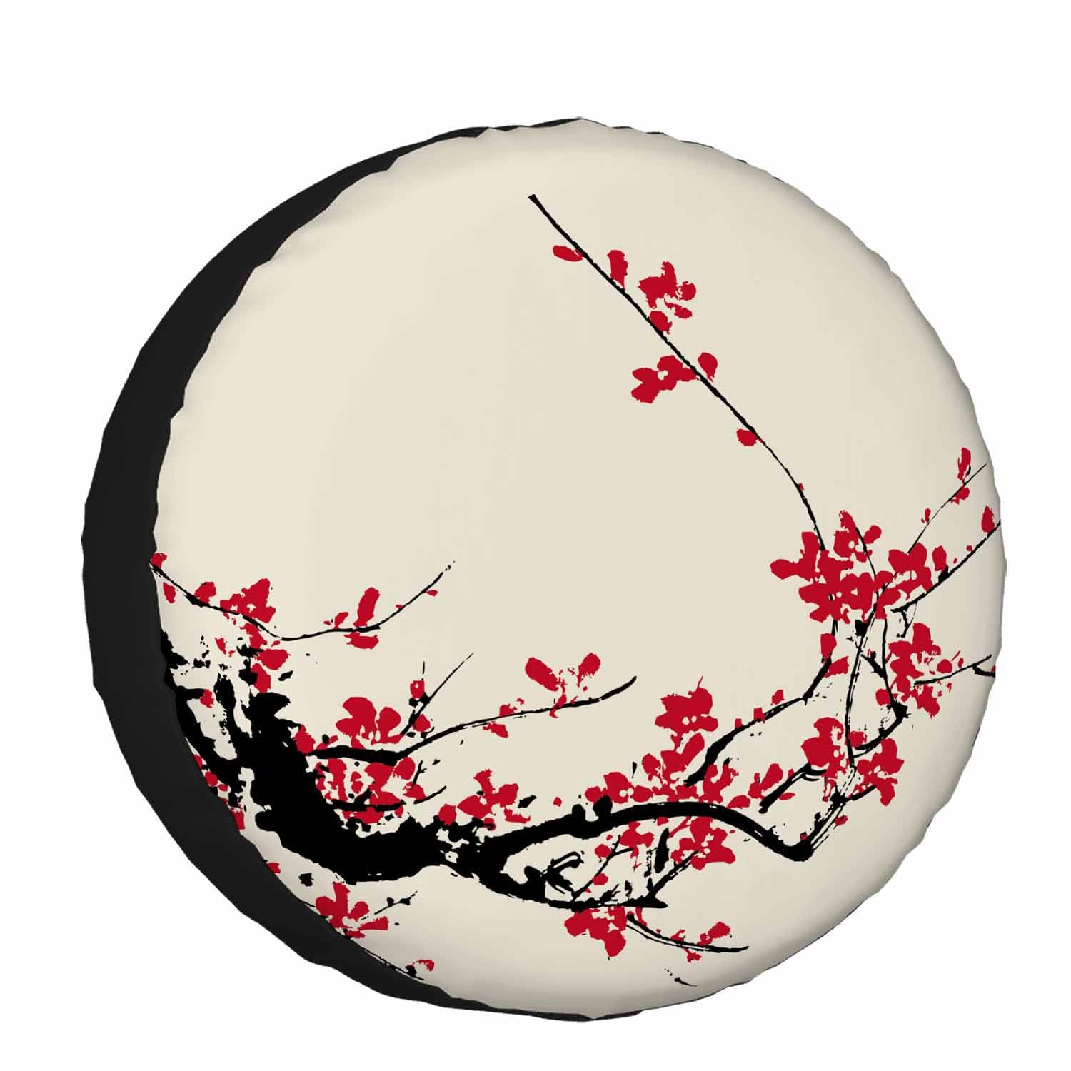 Plum Flower Bloom Spare Tire Cover for RV Trailer Ink Painting Ancient Traditional Artistic Wheel Protectors Weatherproof Polyester Tire Case for All Cars SUV Camper Travel 15 inch