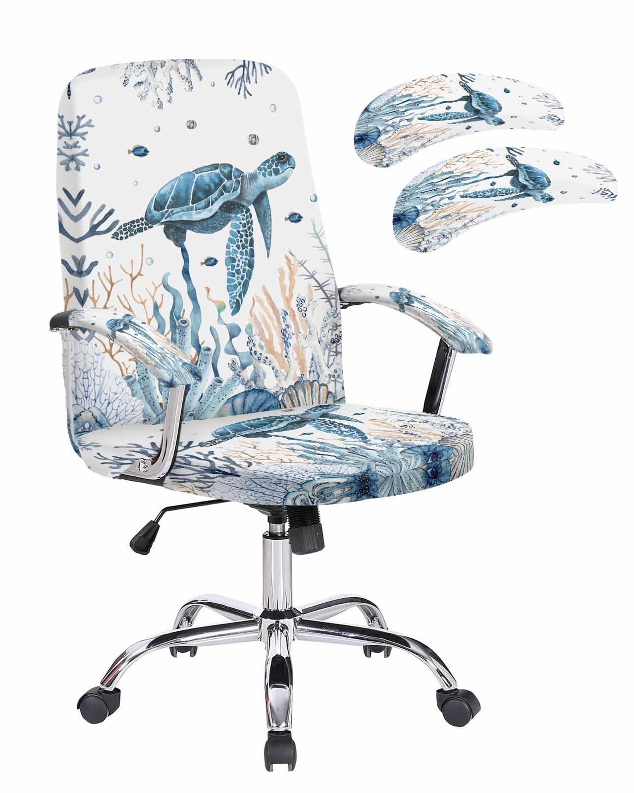 Kewadony Office Chair Cover with Armrest Covers Stretchable, Blue Sea Turtle Removable Universal Computer Chair Covers, Coastal Ocean Beach Coral Nautical Shell Slipcovers for Rotating Chair, Large