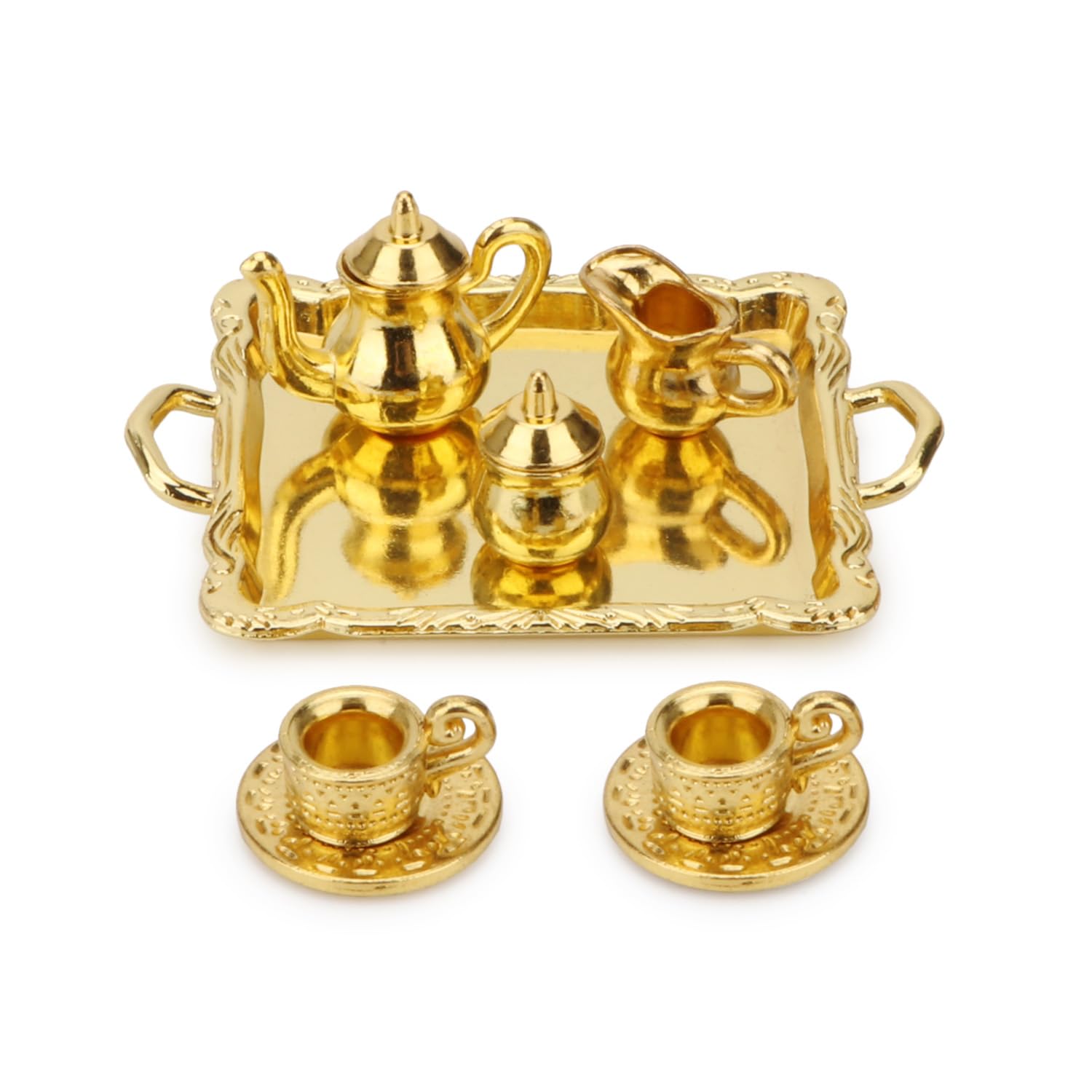 Miniature Tea Set 1/12 Dollhouse Kitchen Decoration 10PCS Metal Tea Pot Teapot Tray Set Mini House Furniture Accessories Teaware Kit Simulation Lifelike (Golden)