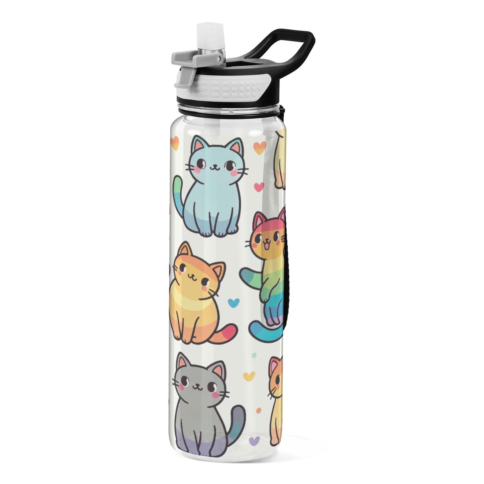 Rainbow Cute Cat Wasserflasche, 900 ml, transparentes Tritan, BPA-frei, auslaufsicher, mit Tragegurt, für Sport, Fitnessstudio und Outdoor-Aktivitäten