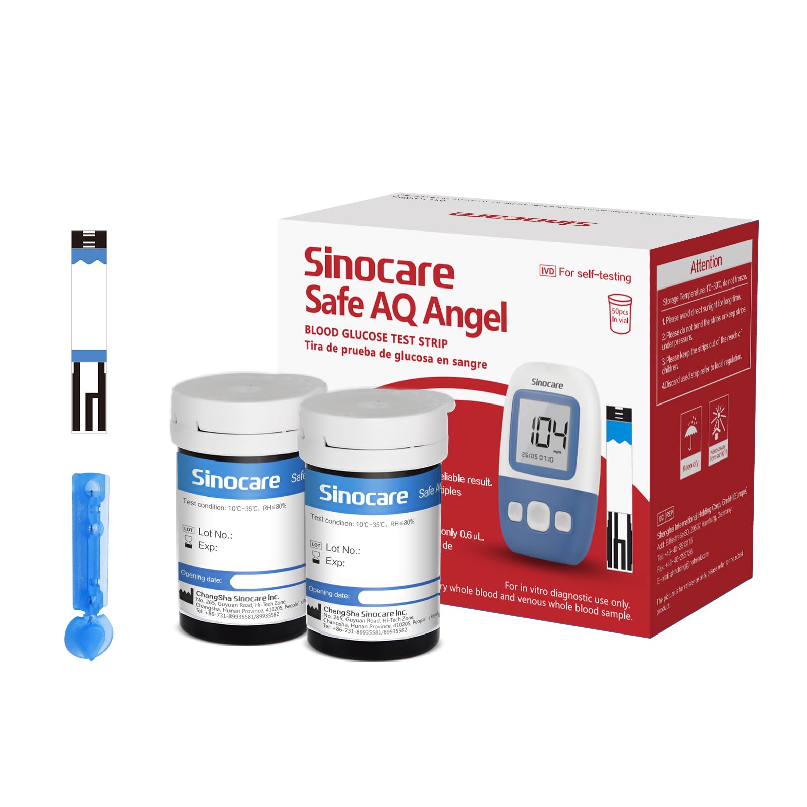 Sinocare Tiras en Sangre, 50 x Tiras Reactivas sin Código, Solo para Safe AQ Angel Certificado ClimatePartner