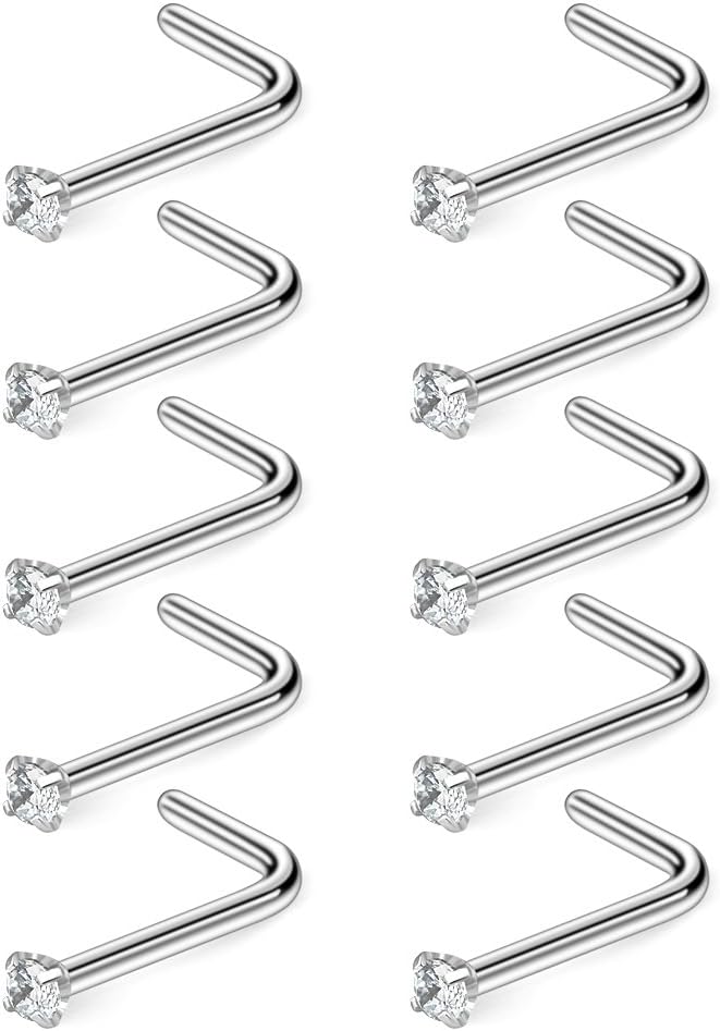 Ruifan 10-40PCS 22G Surgical Steel Diamond CZ Nose Stud Rings L Shaped Piercing Jewelry 1.5mm 2mm 2.5mm 3mm