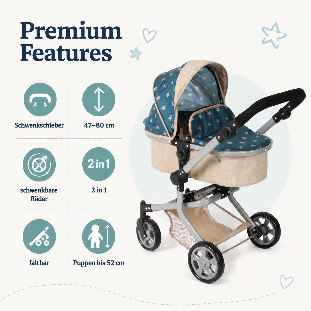 Bayer Chic 2000 Cochecito Muñecas 2en1 Mika | Manillar Regulable 47-80 cm | Cochecito de muñecas premium 2en1 convertible con manillar ergonómico y ruedas giratorias. Robusto y de larga vida útil.