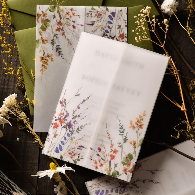 Puremigo Lot De 50 Vestes Végétales Pré-Pliées En Vellin Pour Invitations 12,7 X 17,8 Cm – Papier 105 G/m², Élégance Translucide Mariage