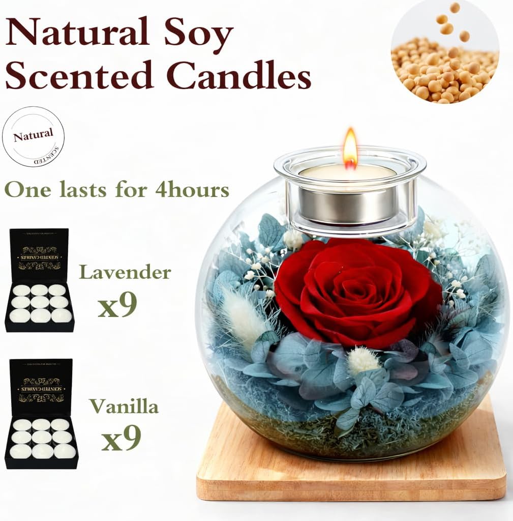 Preserved Real Rose in Glass with Scented Candles for Mom Her Wife Girlfriend Grandma Birthday Anniversary Romantic