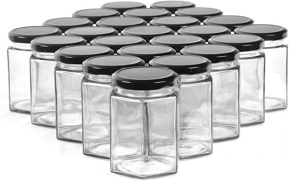 SHiZAK New 9oz Hexagonal Jam Jars with Black Lids, Transparent Jam Jar Bottles for Jams, Honey, Wedding Favors, Shower Favors, Baby Foods, DIY Spice Jars and More(Pack of 24)