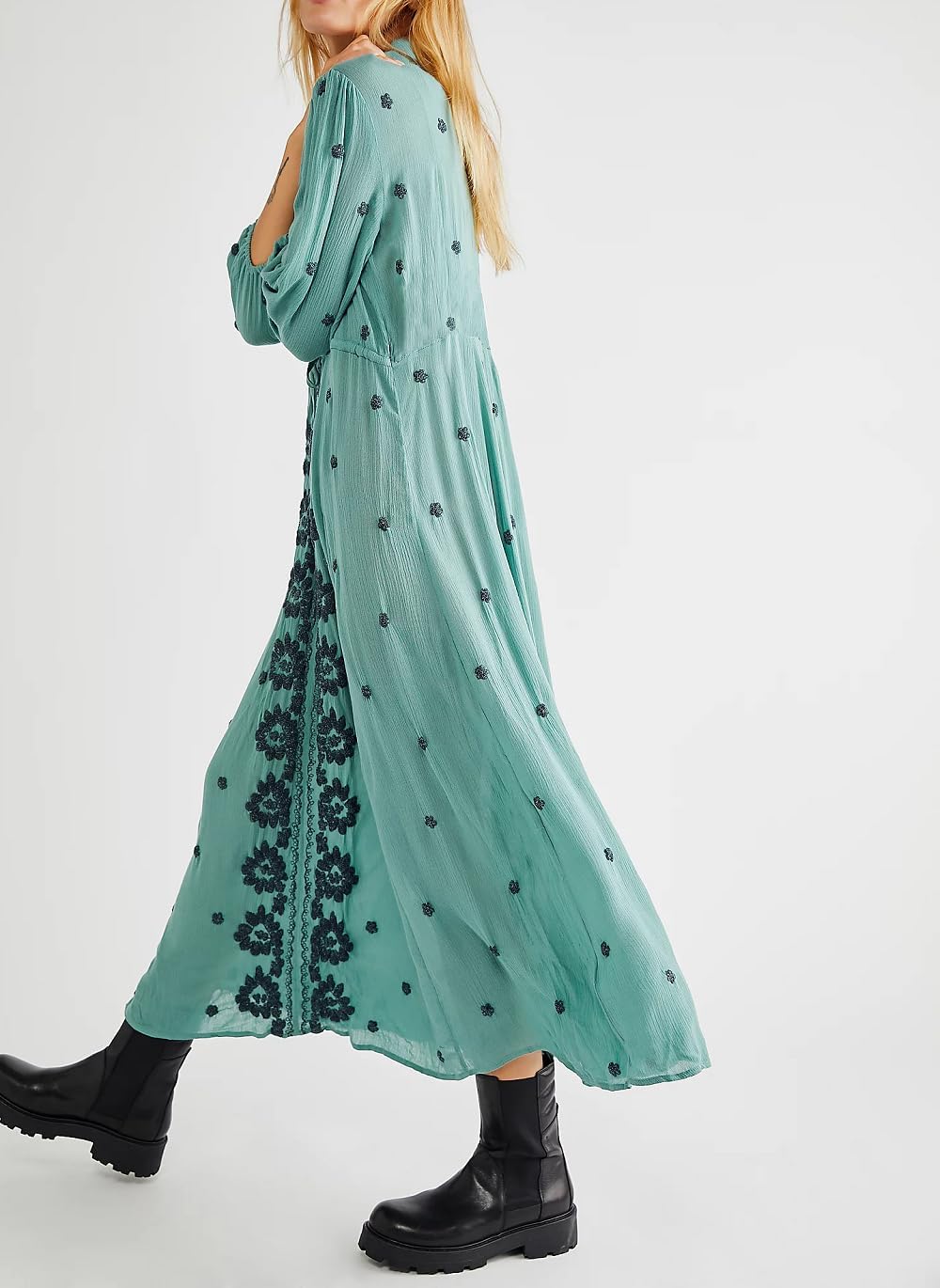 Women Boho Floral Maxi Dress Puff Sleeve V Neck Long Dress Bohemian Flowy Tiered Dress Loose Fit Shirt Dress - Image 3