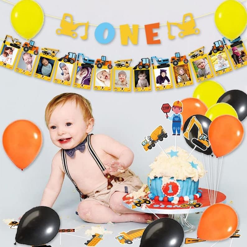 Miniatura 3 de Juego de decoración de fiesta de primer cumpleaños de construcción, paquete de suministros de fiesta de construcción de un niño, tema de primer