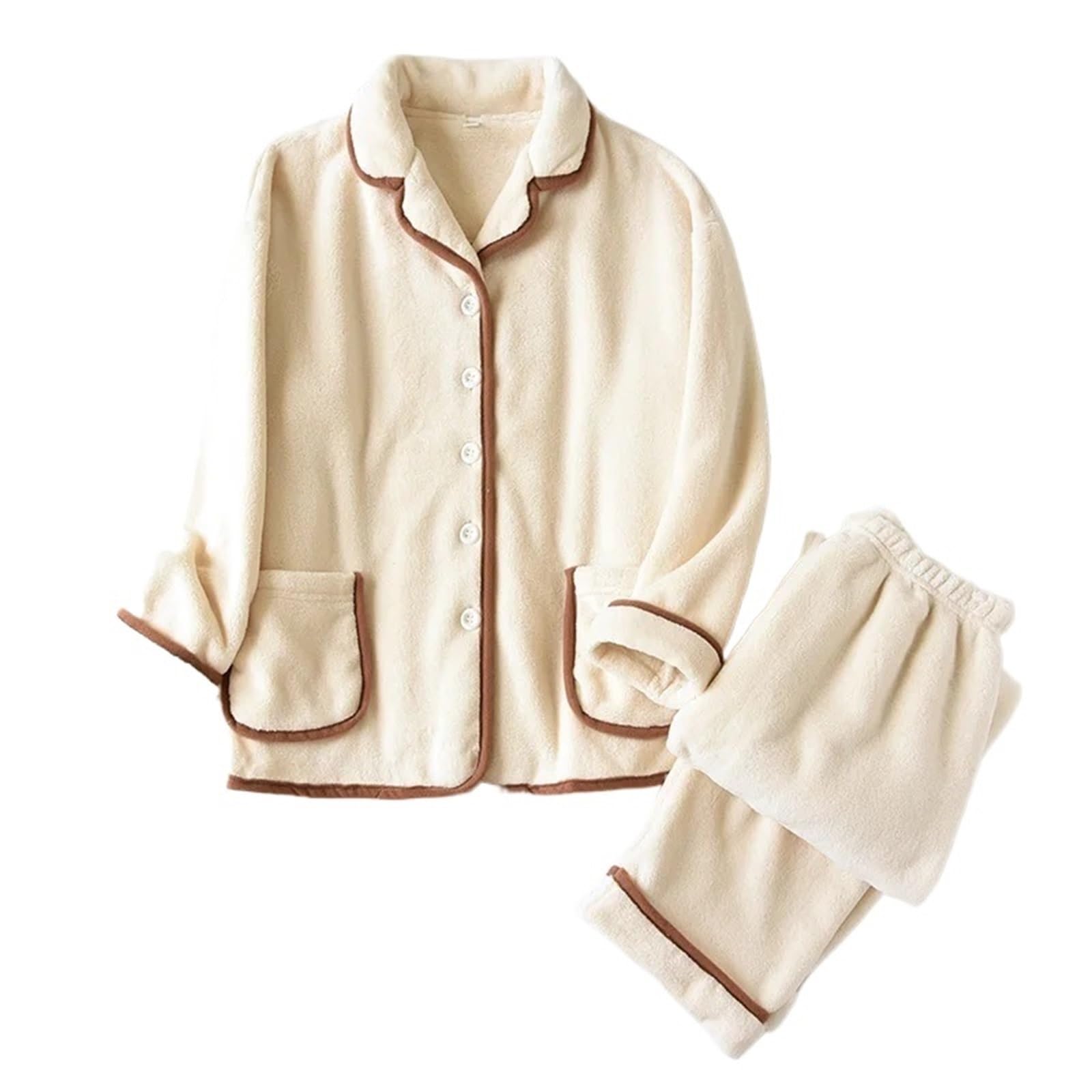 Pijamas Gruesos de Lana Coral for Parejas, Pantalones Manga Larga, Traje Franela Dos Piezas Talla Grande for casa, otoño e Invierno para Mujer