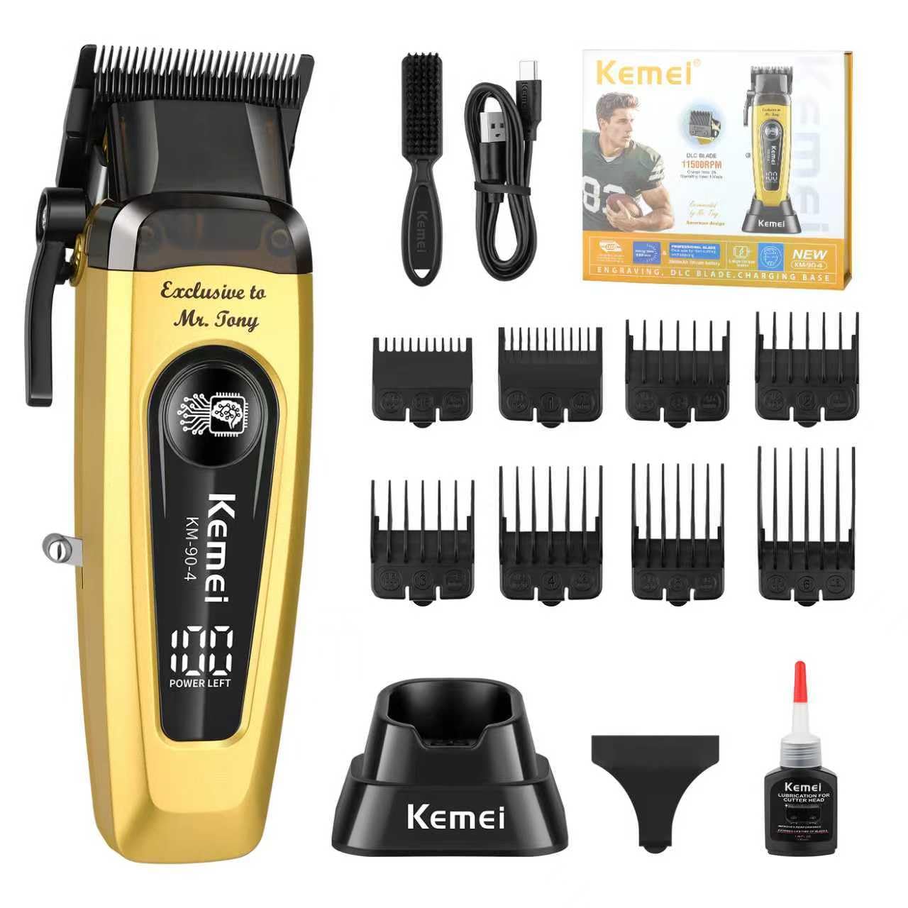 KEMEI Hair Clipper for Men 11500RPM Cordless with LED Display & USB-C Fast Charging, Professional Rechargeable Barber Clippers for Men, Barber/Home Adjustable Blade Hair Cutting Tools KM-90-4