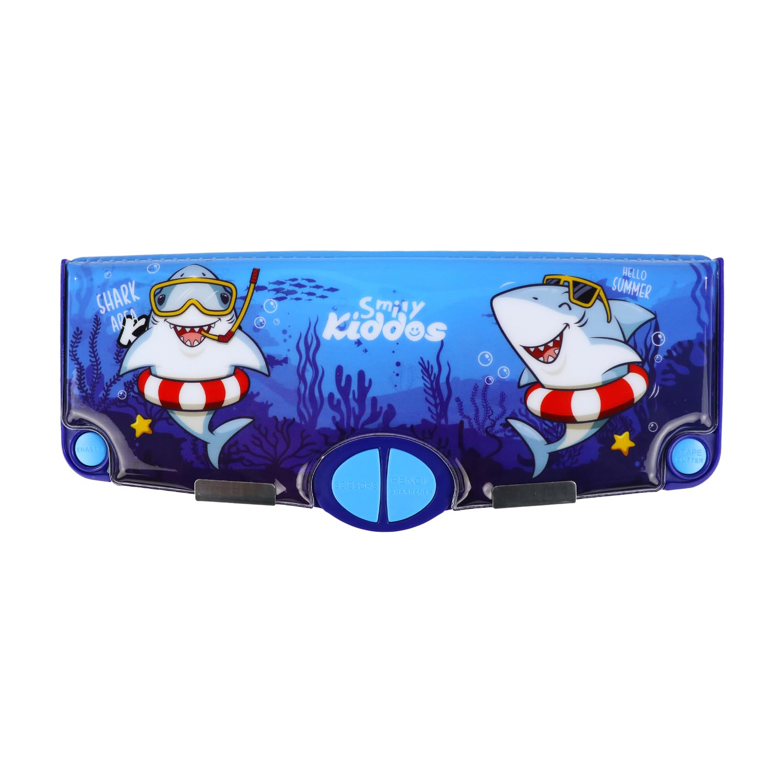 Smily Kiddos Multi Functional Pop Out Pencil Box for Kids Stationery for Children | 24.5 x 4 x 10cm | - Shark Theme - Blue