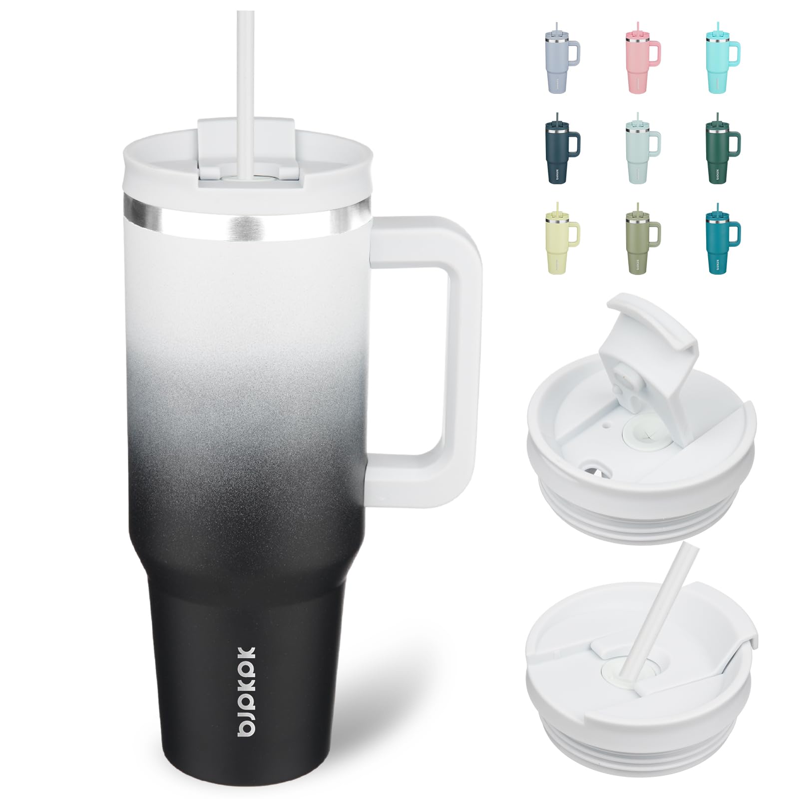 BJPKPK 1200 ml Isolierter Edelstahl-Becher mit Griff, Deckel und Strohhalm – Wiederverwendbarer Thermobecher für Reise, Kaffee und Tee, Tag und Nacht