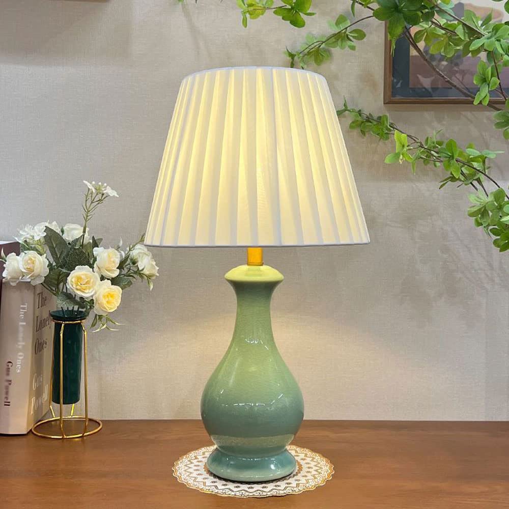asdchZen Simple Ceramic Table Lamp,Cyan,New Chinese,Cracked Glaze Ceramic,Cloth Lampshade,Table Light Night Lights, Desk Lights For Home Office