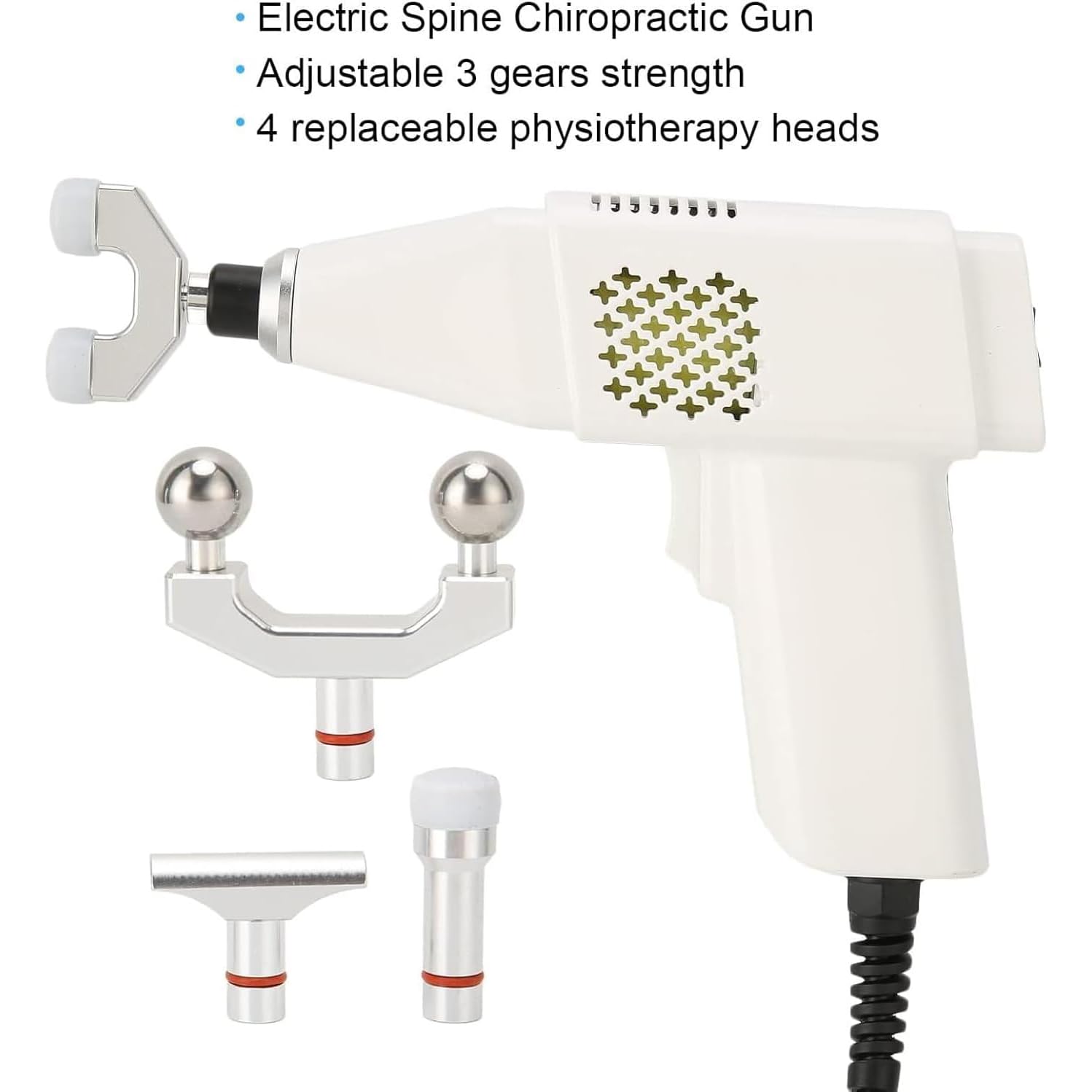 Narzędzie do regulacji chiropraktycznej, elektryczny pistolet impulsowy z 4 głowicami do masażu, masażer mięśni tkanek głębokich, 3 poziomy intensywności, do łagodzenia kręgosłupa szyjnego