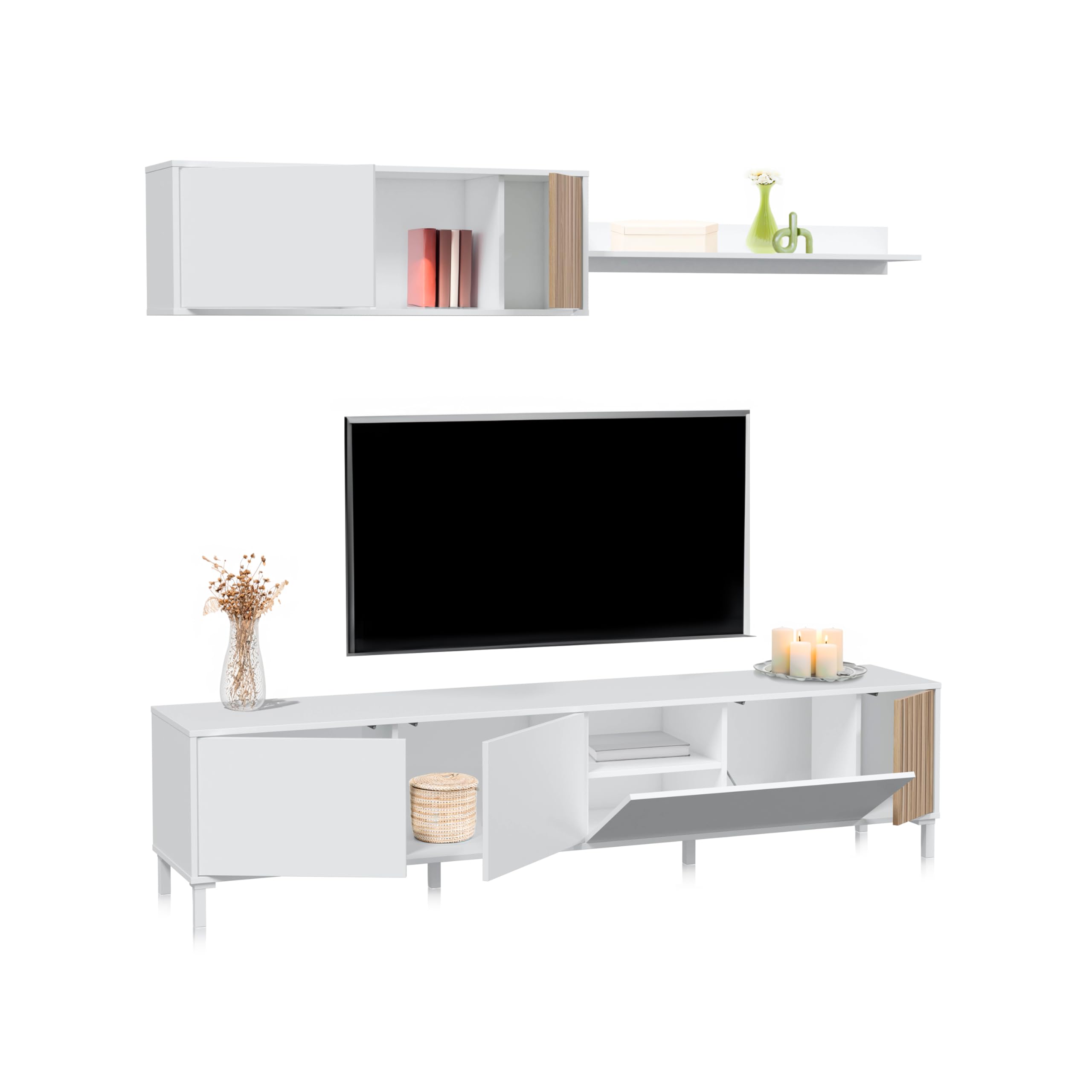 duehome | Conjunto de Salon, Mueble de TV, Modulos de Comedor, Modelo Nitza, Acabado en Blanco Artik y Natur, Medidas: 200 cm (Largo) x 40 cm (Fondo) x 47 cm (Alto)