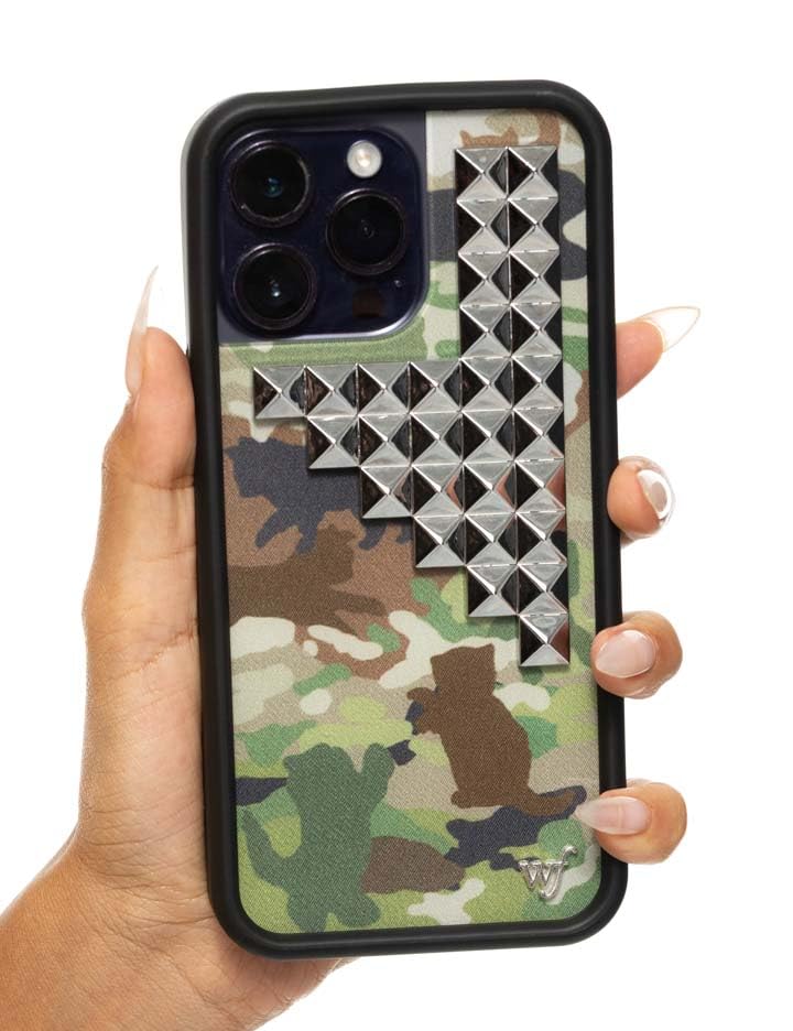 Image of Wildflower Cases - Compatible with iPhone 16 Pro Max | Protective Black Bumper, 6.5ft Drop Test Certified, Women Owned Small Business | Camouflage Original Silver | Stud Pyramid Collection - Cat Camo