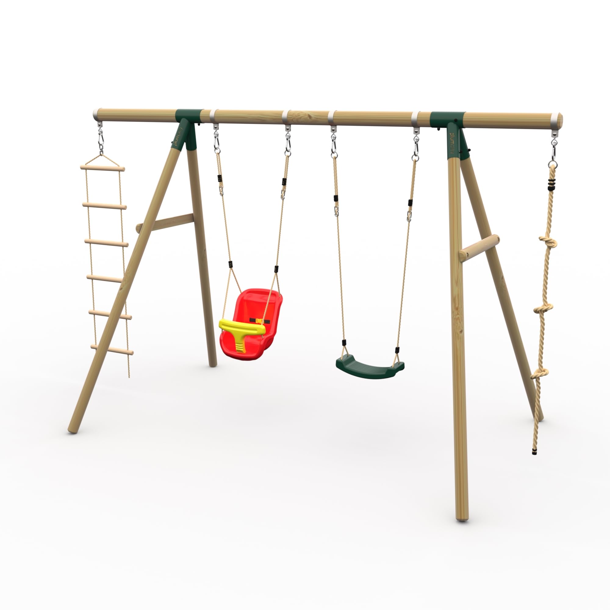 Plum Play Kids Outdoor Wooden Round Pole Garden Swing Set with Ground Anchors- Safe Sturdy A Frame-Up to 50kg user per accessory - Up to 5 year Warranty (Quad Green with Baby Seat)