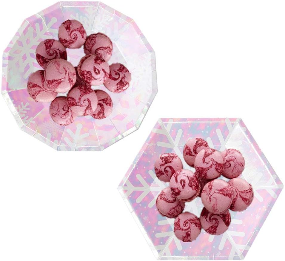 16 Pcs Christmas Snowflake Plates Snowflake Disposable Plates Christmas Tableware Supplies (9 IN Hexagon and Dodecagon)