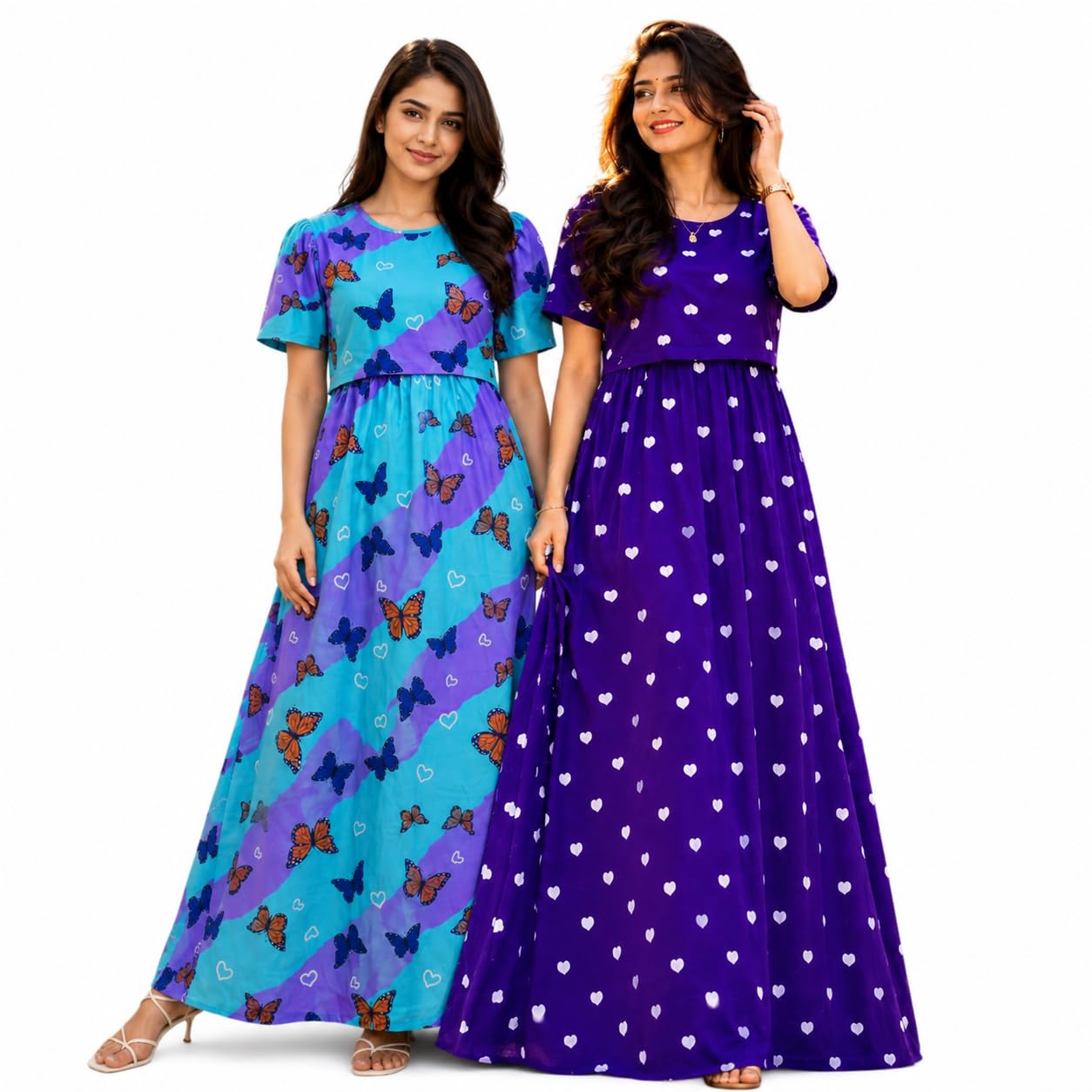 RENIS.Store Women's 100% Cotton Zipless Feeding Maternity Nighty Pack of 2 | Pull Up Nighty | Soft Pregnancy & Feeding Wear, Back Tie with Side Pocket | Sky Blue Butterfly_Violet Heart | Size-XL-image-47