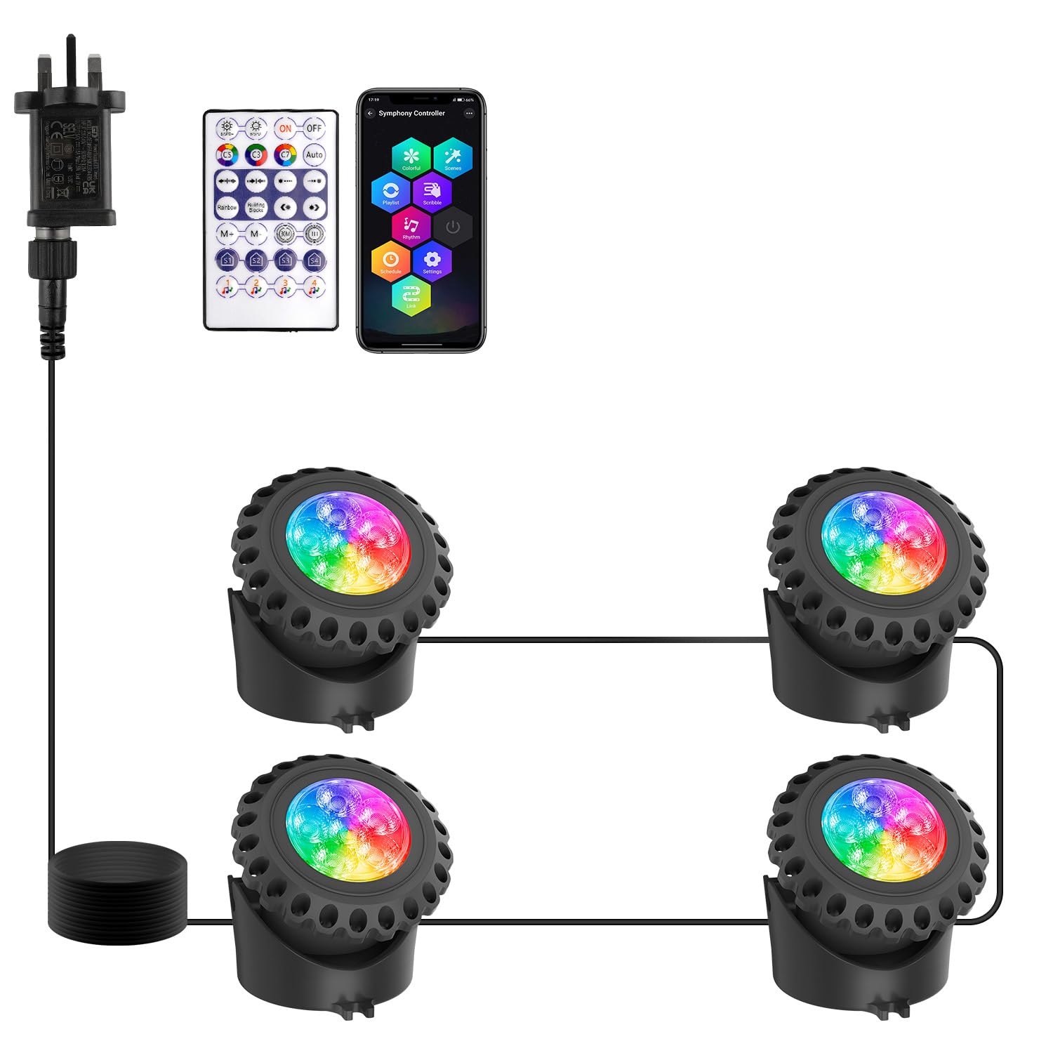 T-SUN RGB Pond Lights Mains Powered Submersible LED Underwater Fountain Spotlights with Bluetooth APP Control IP68 Waterproof for Aquariums Fish Tanks Pools Garden Yard Ponds (Set of 4)
