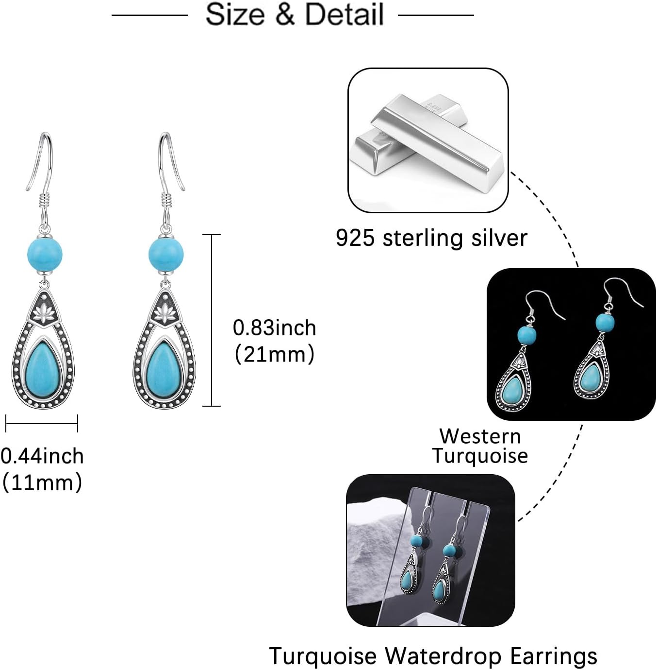 Turquoise Teardrop Earrings for Women - 925 Sterling Silver Hypoallergenic Western Boho Lotus Waterdrop Dangle Drop Earrings Jewelry Turquoise Stone Gift for Cowgirl Cowboy - Image 6