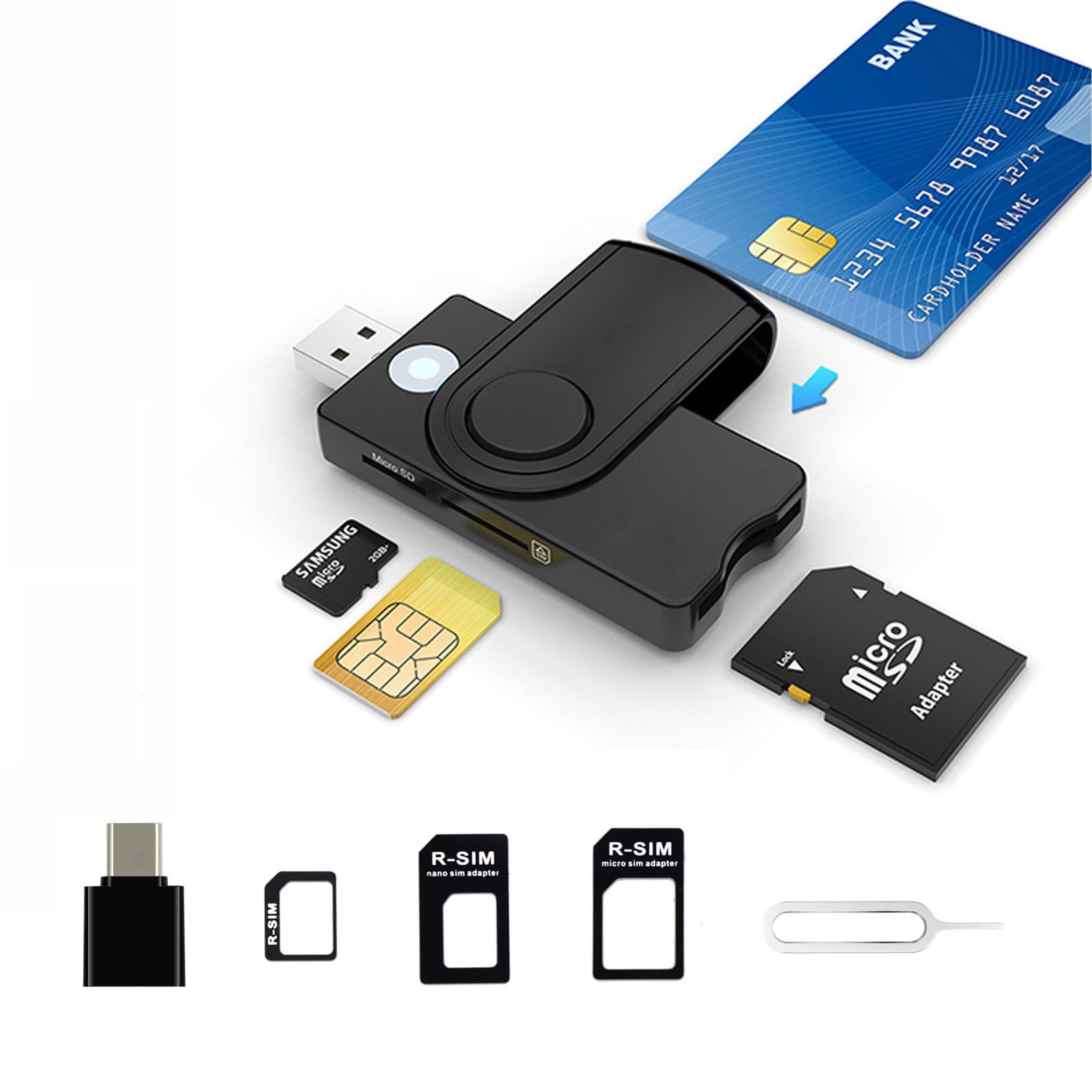 CAC Smart Card Reader, 5 in 2 DOD Military USB SIM/SD/TF/ID/IC Card Adapter USB C Sim Card Adapter Compatible with Windows, Linux/Unix, MacOS X