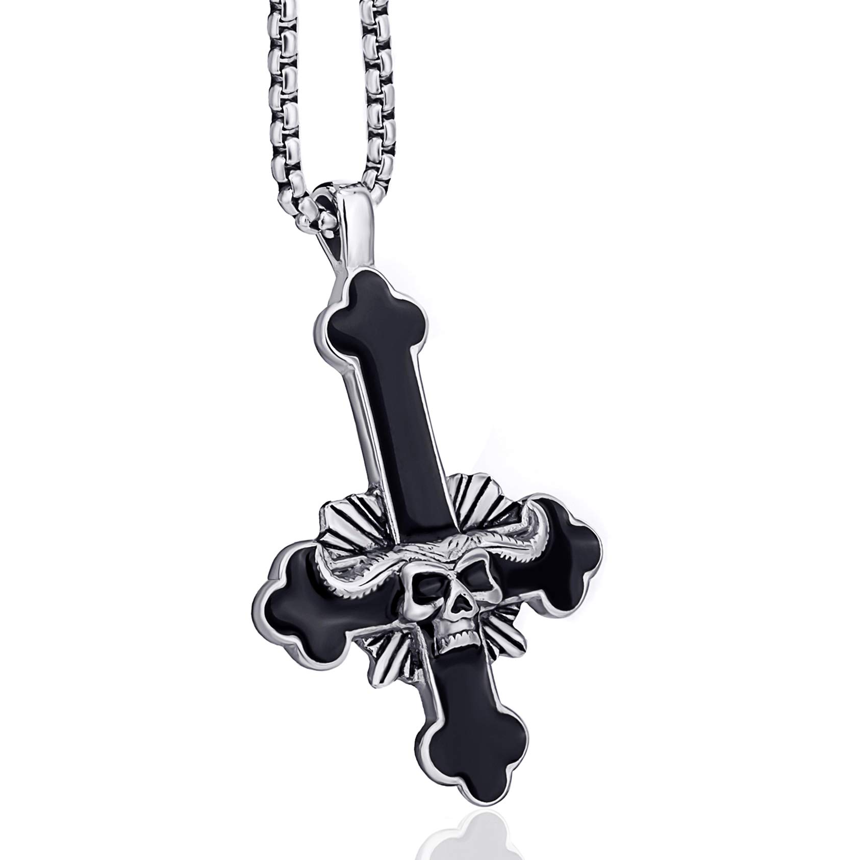 Stainless Steel Inverted Cross Necklace for Men Women Red The Devil's Cross Satanic Upside Down Cross Pendant Chain Gothic Skull Jewelry 20", 24"