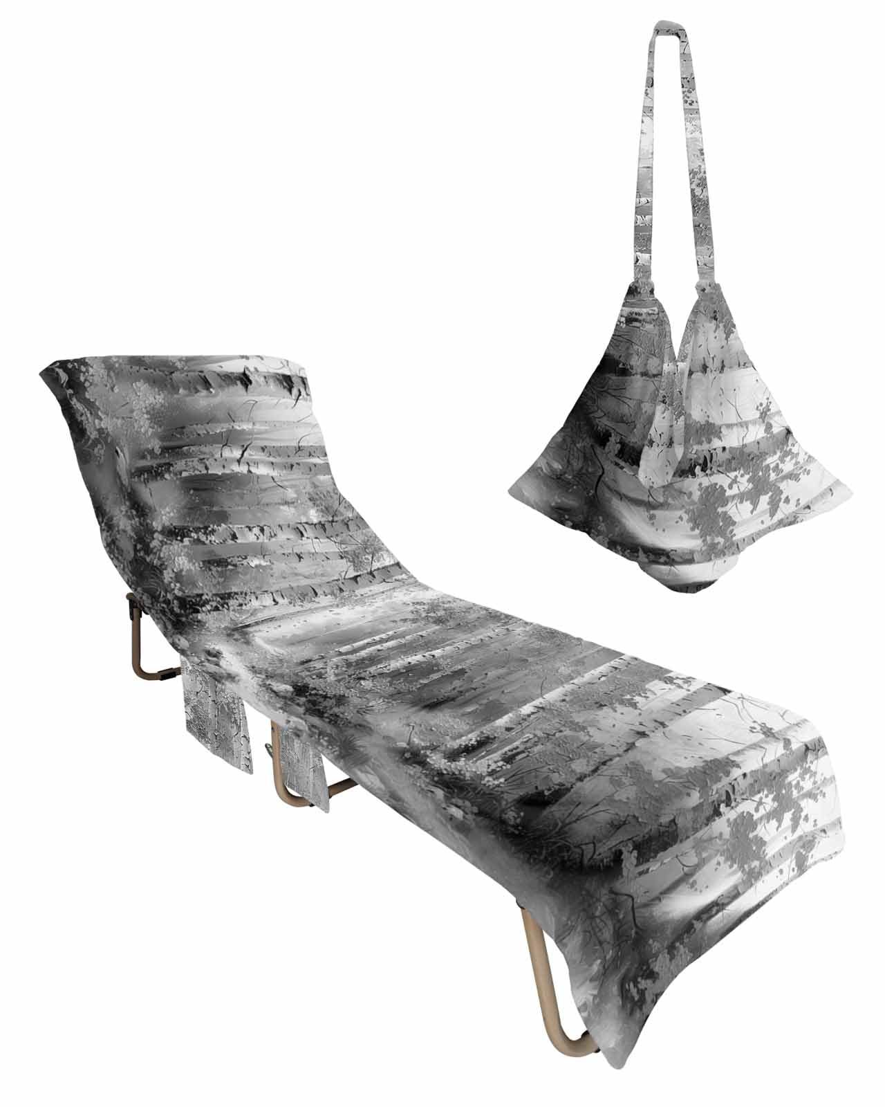Shabby Chic Tree Beach Chair Cover with Side Pockets, Microfiber & Quick Dry Pool Chaise Lounge Chair Towels Covers for Sun Sunbathing Patio Garden Hotel, Grey Forest Painting Abstract Minimalist Art