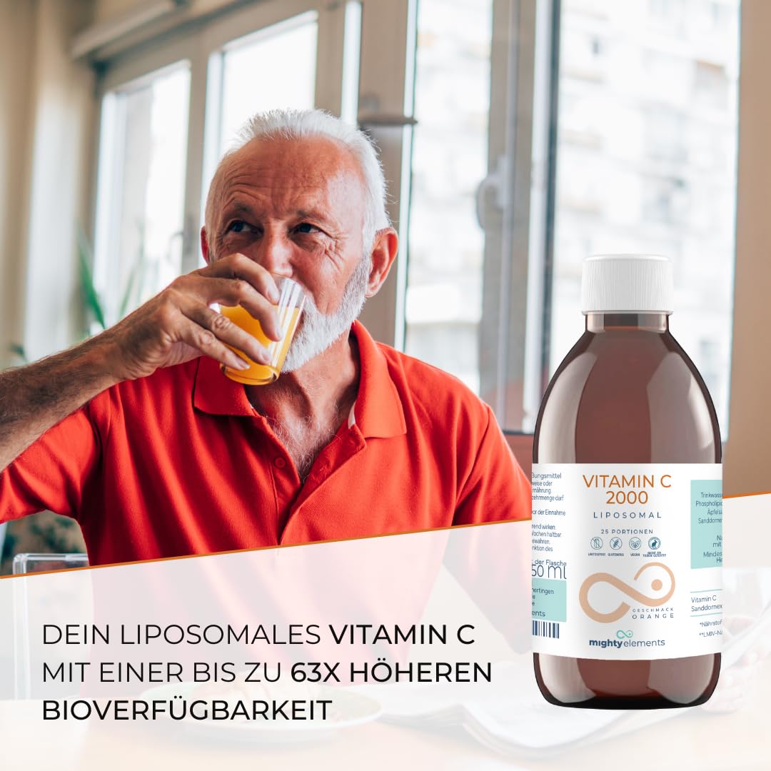 Mighty Elements Liposomales Vitamin C 2000 mg hochdosiert, Orange Geschmack, Immunsystem, Vegan, Glutenfrei & Laktosefrei, Flüssig 250 ml, Glasflasche