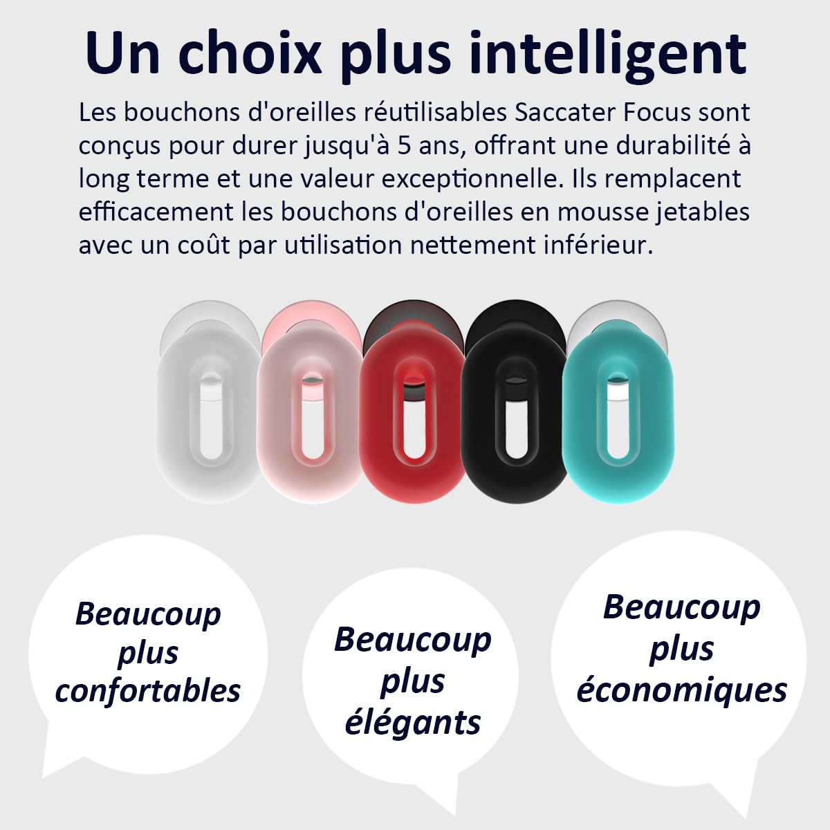 Bouchons d'oreilles Saccater Focus - Bouchons en silicone réutilisables pour la concentration, le travail, les études, le sommeil, les voyages, protection auditive, XS/S/M/L SNR 23 (Noir, Unité)