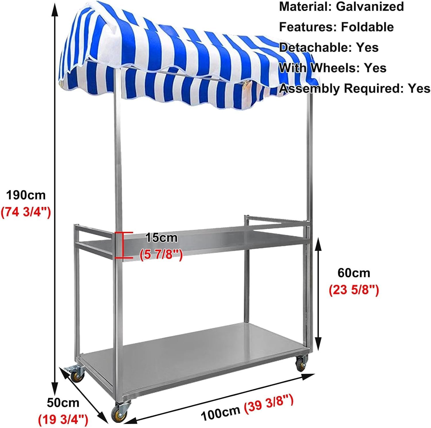 Carrello alimentare commerciale pieghevole portatile con ruote e tenda, bancarella di distribuzione in acciaio zincato resistente, chiosco per concessione per affari, mercato, festival, eventi