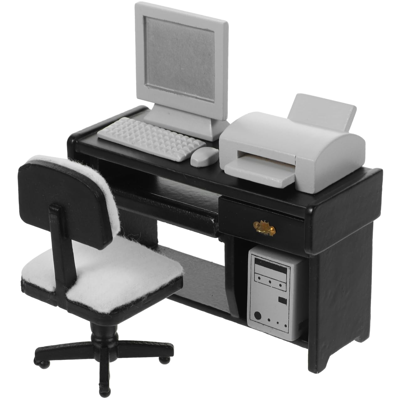 NUOBESTY 1:12 Dollhouse Miniature Office Furniture Set - Black Desk & Chair with Computer, Mouse, Keyboard, Printer for Kids' Doll House Decoration